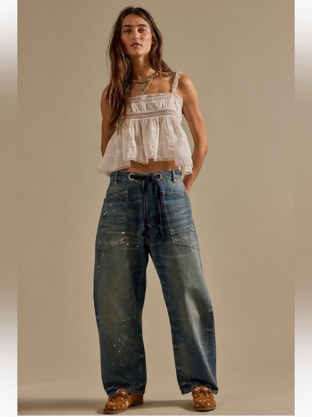 Free People We The Free Moxie Barrel Jeans Blue Paint Splatter Size 28 NWT Boho - Picture 2 of 13